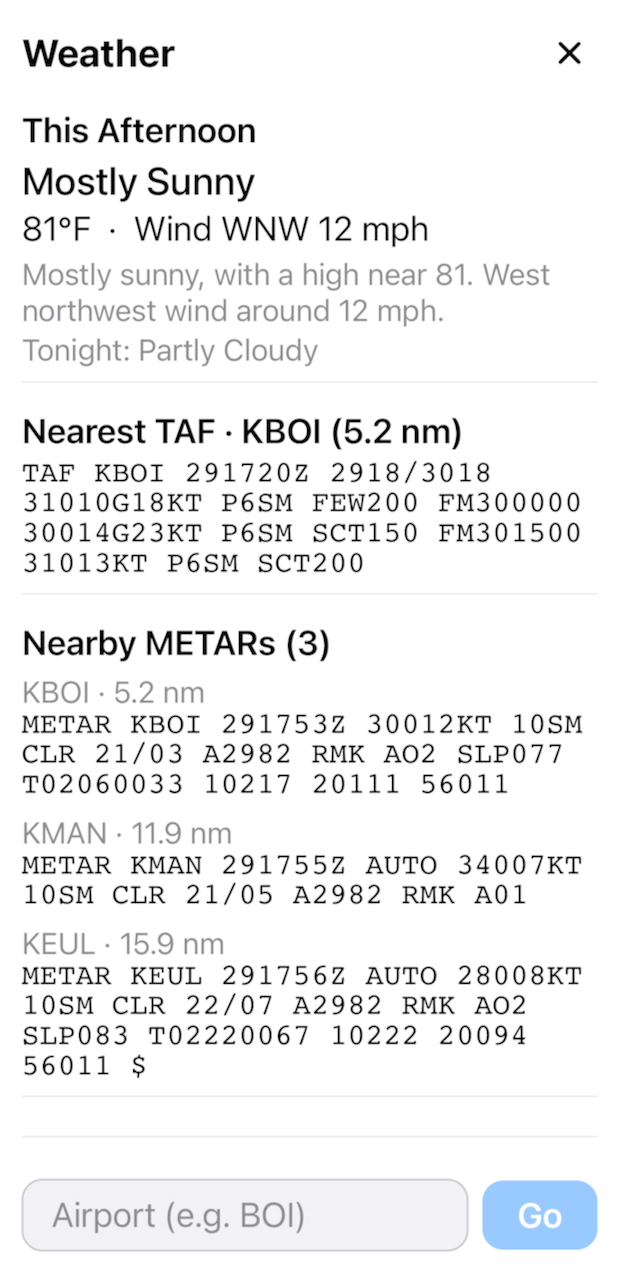 Weather screen showing local forecast, nearest TAF, and nearby METARs