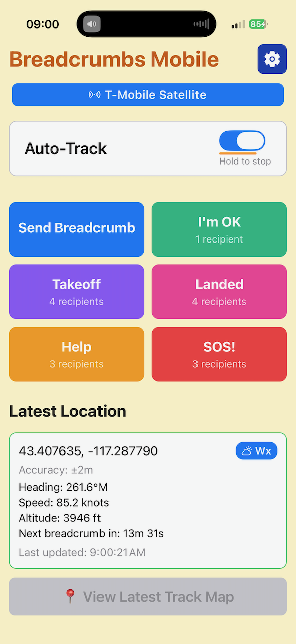 Breadcrumbs Mobile home screen showing a T-Mobile Satellite connection and status buttons