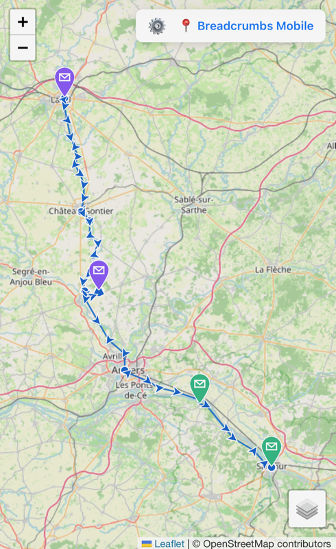 Interactive map showing a recorded Breadcrumbs track with status markers, shared via link